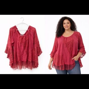Young Threads Red Lace Boho Tunic Top Flowy Ruffle Hem large NWT